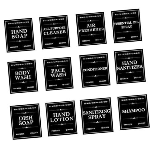 DEARMAMY 12 Hojas Etiqueta De Botella Dispensadora Etiquetas Auto Adhesivas Etiquetas De Baño Etiquetas De Artículos De Tocador Pegatinas Botellas Impermeable Agua Autoadhesivo De Pvc Black