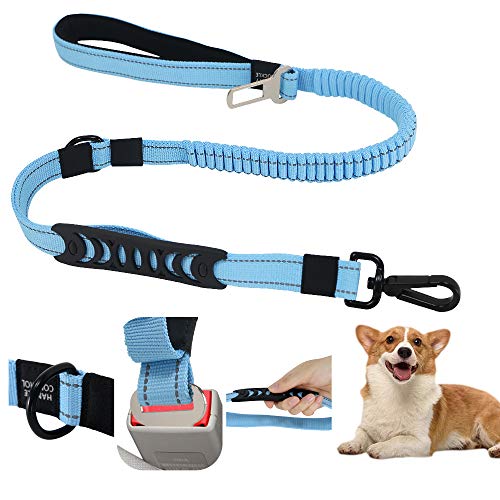 EASTLION Bungee Dog Lead Shock Absorbing Strong Dog Leash with Car Seat Belt,Two Padded Handle No Pull Reflective Traffic Control,Pet Elastic Rope for Small Medium Large Dogs,Blue