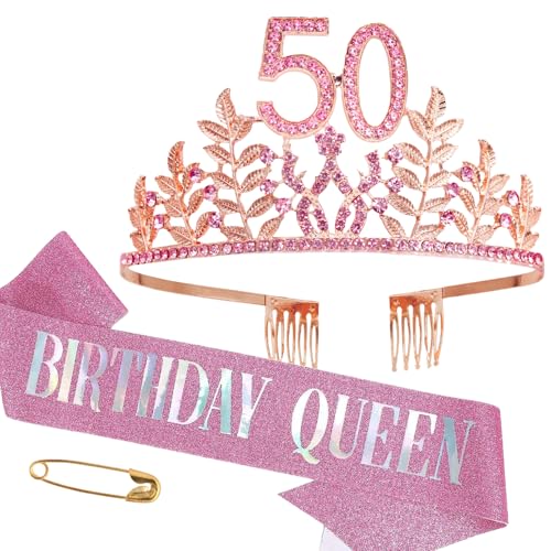 50. Geburtstag Schärpe und Tiara Mädchen Krone Damen Diadem Geschenke Crown Geburtstagskönigin Schärpe Kristall Strass Stirnband Deko für Frauen Geburtstag Party Supplies