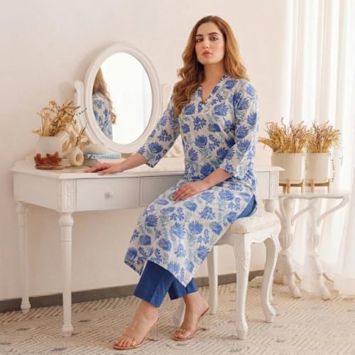 Image of ANNI Designer Kurta Set for Women Erode Rayon Printed | Kurti Set for Woman | Kurta Pant 2 Piece Outfit | V Neck 3 /4 Sleeve Regular Fit Ethnic Dress Stylish Kurta Sets for Women Clothing