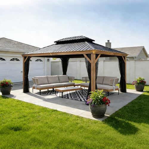 PURPLE LEAF 10 X 16 Outdoor Hardtop Gazebo for Patio Galvanized Steel Double Roof Permanent Canopy Teak Finish Coated Aluminum Frame Pavilion Gazebo with Netting