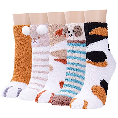 Toes Home Plush Slipper Socks Women - Dog Paw Warm Fuzzy Crew Socks Cozy Soft 5 Pairs for Winter Indoor