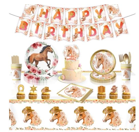 66 PCS Horse Vajilla para Fiesta de Cumpleaños Kit Horse Fiesta De Cumpleaños Vajilla,Platos de vajilla de Fiesta temática Dibujos Animados,Theme Party Decoration,Incluye Servilleta,Plato para Fiestas