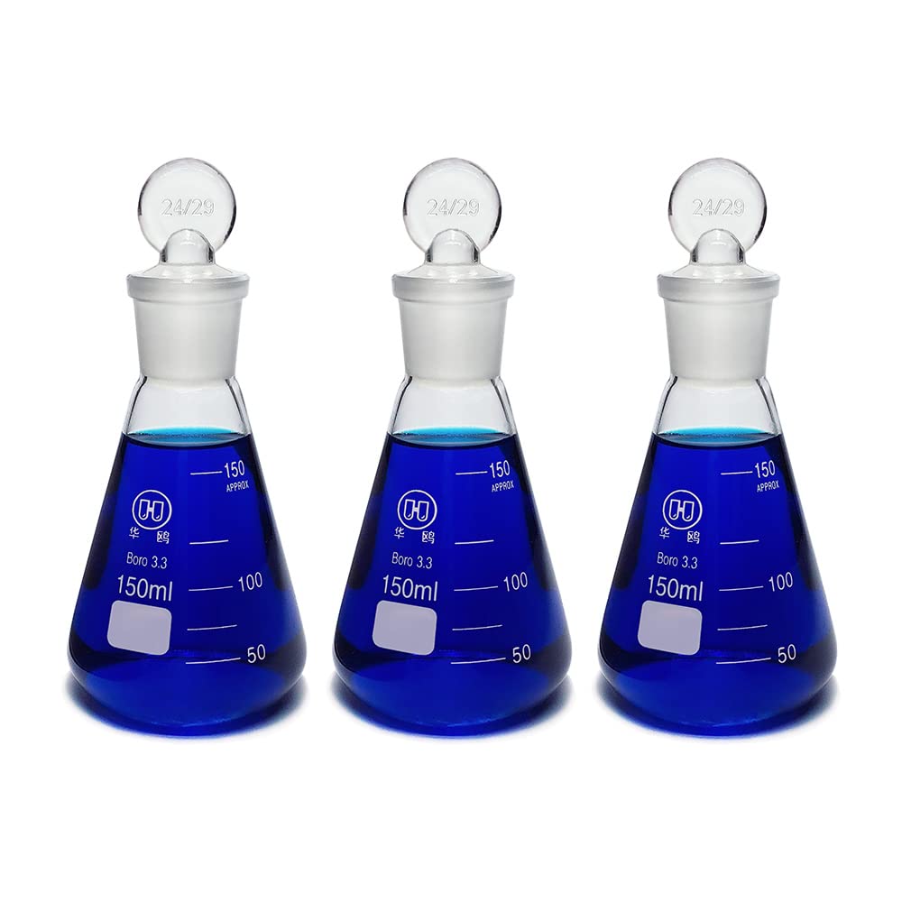 HUAOU Scientific 150ml Erlenmeyer Conical Flasks Set with Ground Glass Stoppers, Graduated 3.3 Borosilicate Glass, Pack of 3