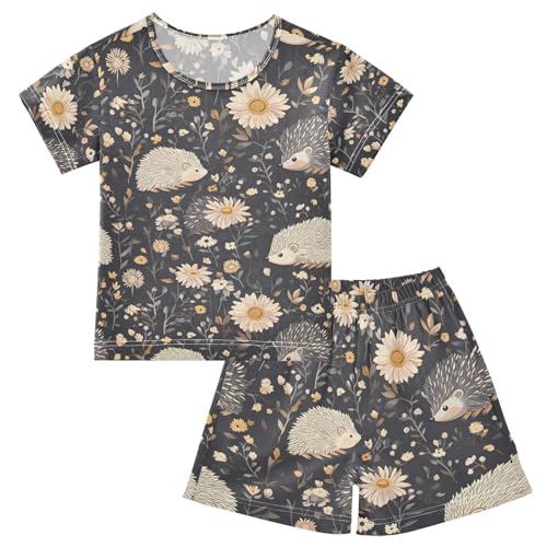 ALAZA Blossom Flower Leaf Hedgehog Pajamas Set Short Sleeve Cotton Sleepwear Summer Pjs 2 Piece 5-14Y