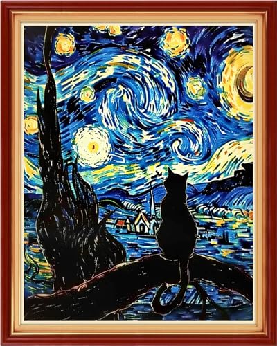 Image of Funchey Stamped Cross Stitch Kits, DIY Cross Stitch Pattern for Adults Beginners Needlepoint Kits Embroidery Kit Arts and Crafts 11CT-Van Gogh Starry Sky Cat Admiring Moon 16x20 inchs