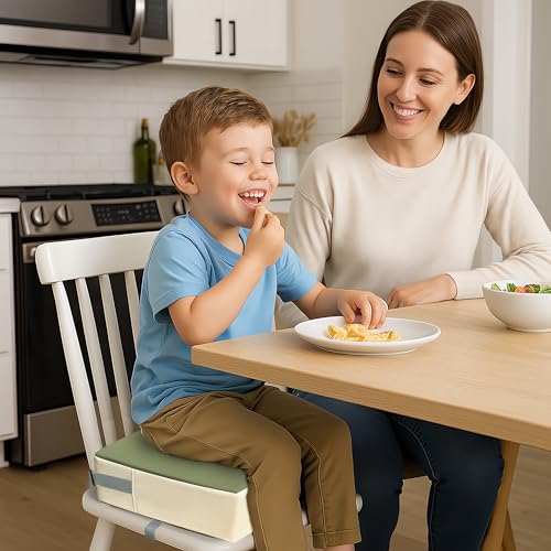Image of Eiury Booster Seat for Kitchen Chair, Toddler Booster Seat for Dining Table, Waterproof PU Leather Kids Seat Cushion with Adjustable Straps, Non-Slip Bottom, Wipeable Seat Pad,Green