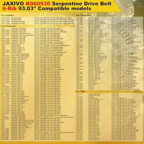 Image of 6K930 Serpentine Drive Belt 6-Rib 93.03 inch for 14-17 Buick Enclave,16 A8 Escalade Chevy Silverado Express Savana Sierra 1500 2500 3500,Avalanche 1500 Yukon XL C63 EPDM Belt 6PK2363 K060930