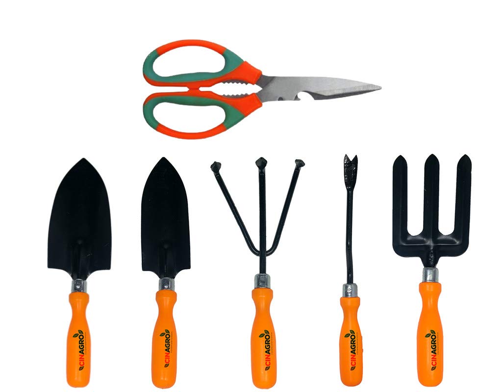Cinagro Garden Tools Kit (Set of 6) Weeder, 2 Trowels, Hand Fork, Cultivator, Gardening Scissor | Gardening Tools Kit for Home Garden, Indoor and Outdoor Gardening for Plants and Soil