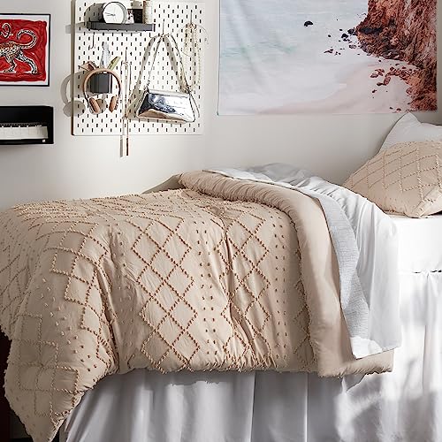 Image of Bedsure Twin Comforter Set - Warm Tan Comforter, Boho Tufted Distressed Vintage Bedding for Kids, 2 Pieces Farmhouse-Style Bed Set for All Seasons, Fluffy Soft Bedding with 1 Pillow Sham
