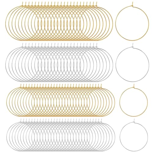 VIDSTW 200 Pièces Creoles Acier Inoxydable, Verre à Vin Breloques Anneaux, Boucle D'oreille Acier Inoxydable, Creoles or Femme, Fermoir Boucles D'oreilles...