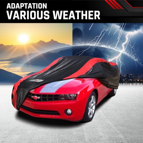 Image of Car Cover Custom Fit for Chevy Camaro 1967-1992 | Red Strip Design, Cotton Liner for Paint Protection, Sun Rain Snow UV Proof, Door Zipper, Windproof Buckle, Storage Bag
