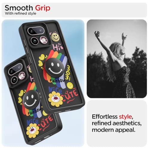 Image of Pikkme Back Cover for Realme 16 Pro Plus 5G | Soft Silicone| Cute Rainbow Smile & 3D Cartoon Flower Design | Shockproof Raised Camera Protection Bumper Case (Black)