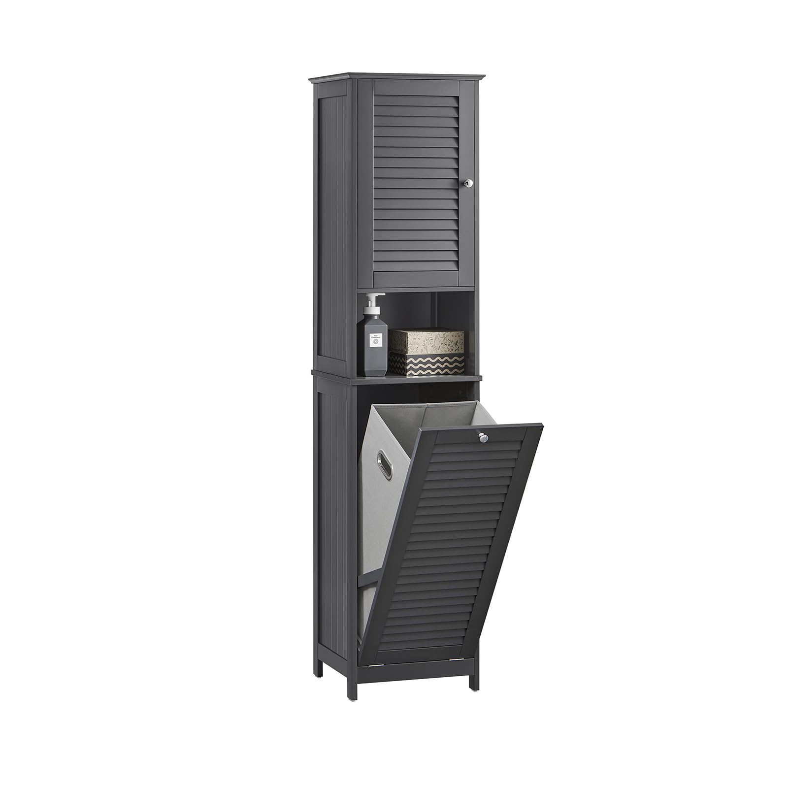 SoBuy Mueble Baño Columna con Cesto para Ropa Sucia Armario Auxiliar Estrecho con Estantería, Mueble Alto para Baño Pequeño 40x170x38 cm Gris BZR124-​DG