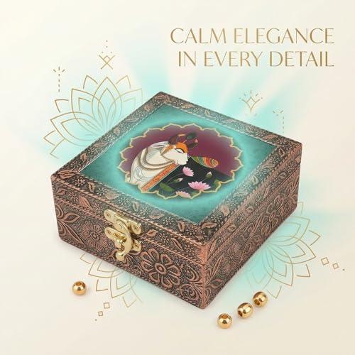 Image of Kamdhenu Wooden Jewellery Box | Handcrafted Decorative Storage Organizer | Traditional, Multipurpose Keepsake Box for Rings, Earrings & Small Accessories | Teal Lotus, Pack of 10