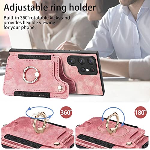Funda con soporte de anillo para Samsung S20 Plus anticaídas con tarjetero de cuero rosa 7