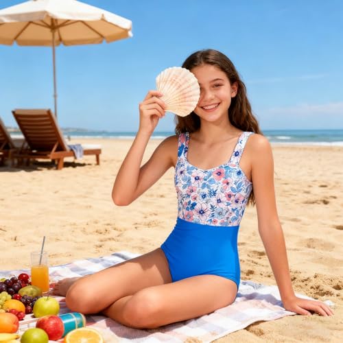Image of Funnycokid Girls Bathing Suits One Piece Swimsuit with Cover Up Kids Swim Suit Size 8-16