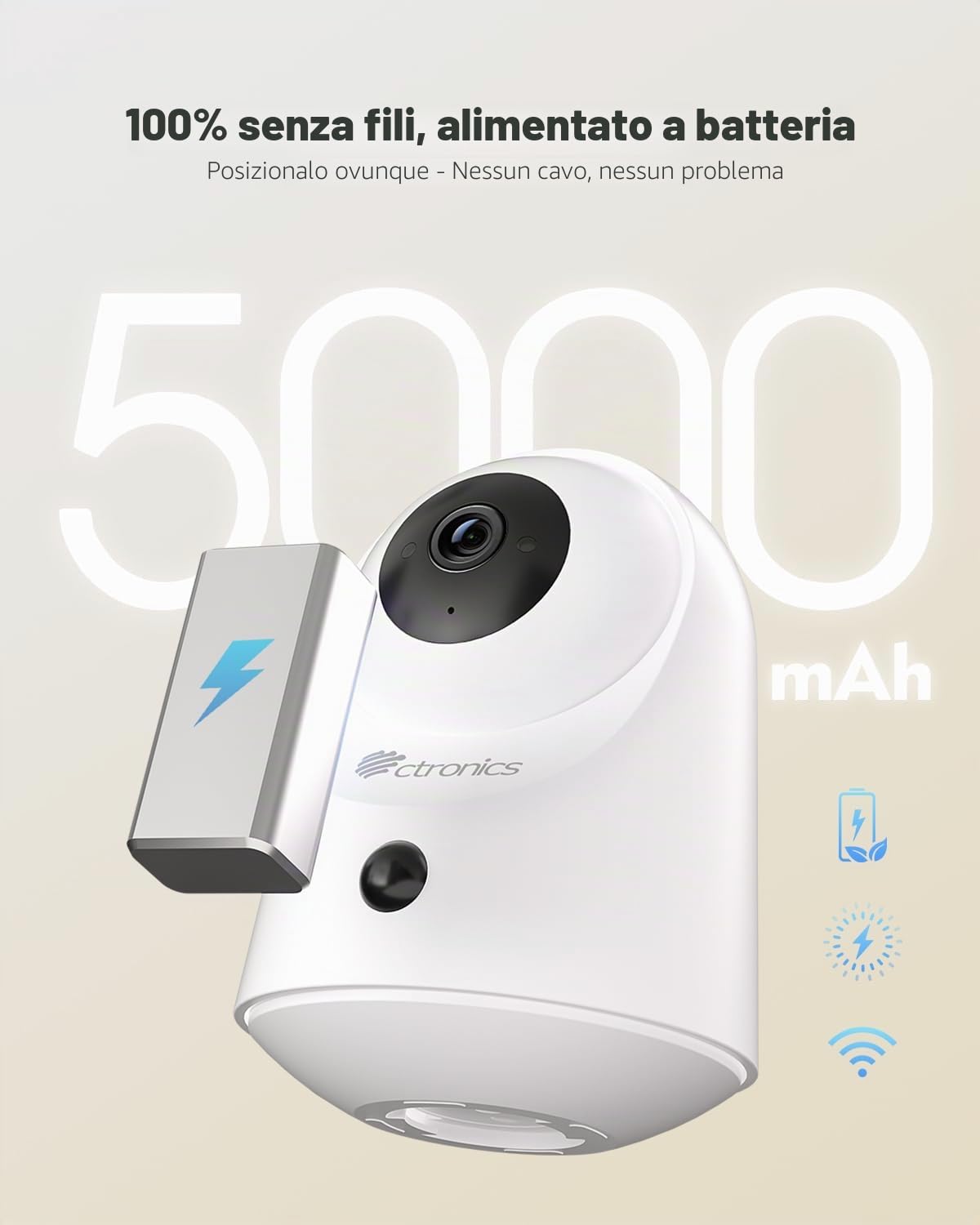 Ctronics 2K Telecamera Interno Senza Fili a Batteria | WiFi 5G/2.4GHz, Visione Notturna IR 20m, 128GB/Cloud, Rilevamento PIR, Audio Bidirezionale, 360° PTZ, Bluetooth