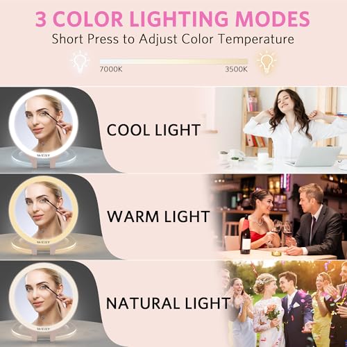WEILY espejo de aumento con luz, maquillaje de viaje de doble cara 10X/1X, 3 luces de color, control táctil, espejos portátiles recargables para dormitorio, baño (rosa) - imagen 2