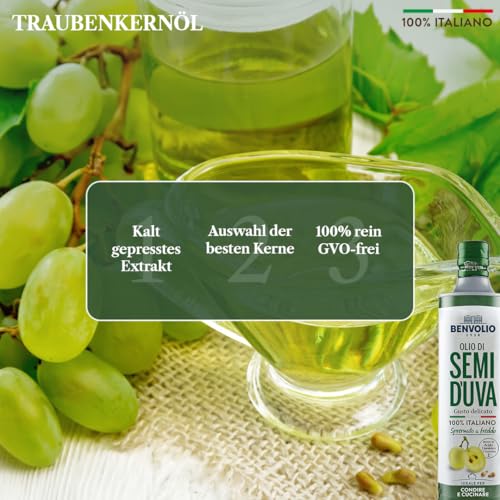 Traubenkernöl Kaltgepresst 100% Italienische - Benvolio 1938 750 ml - Reich an Vitamin E und Omega 6 Metallflasche Grapeseed Oil Cooking Oil Frittierfett Flüssig