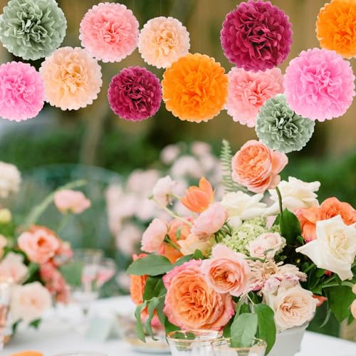 Image of BestoFun 16 PCS Red Green Party Decorations Tissue Paper Flowers Pom Poms Decorations for Girl Groovy Birthday Baby Shower Wedding Bachelorette Room Wall Hanging Decor