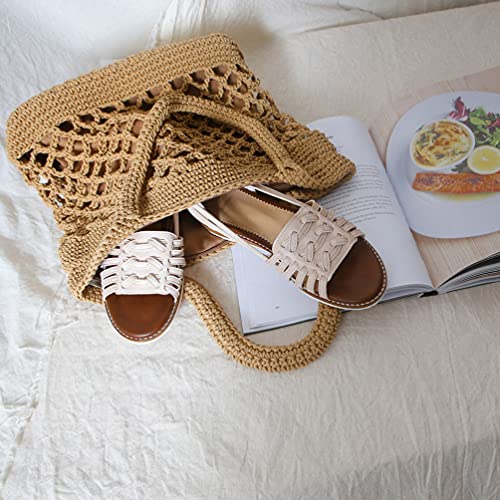 Straw Shoulder Beach Bag Cotton Thread Hand-crocheted Bag Handmade Shoulder Bag Large Capacity Messenger Bag for Women (Brown)4