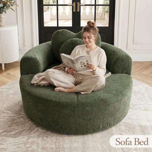 Image of Trustyue Boneless Couch,Comfy Fluffy Sofa Bed,Upholstered Sleeper Sofa with Cup Holder and Throw Pillows,Corduroy Plush Cloud Lounge Chair (Green, Waffle Polyester)