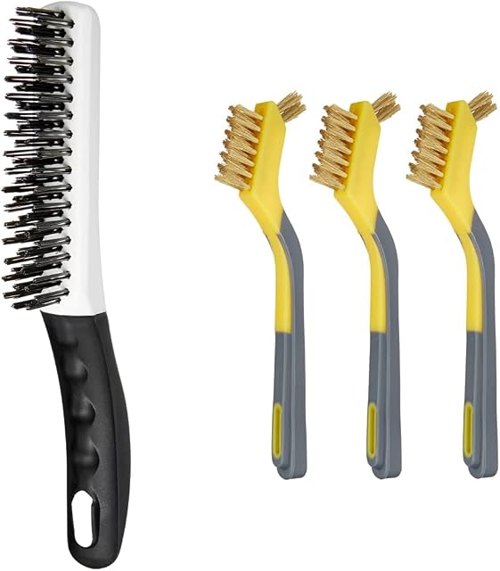 Amazon Basics 4 x 16 Soft Grip, Shoe Handle Style, Carbon Steel, Wire Brush & Brass Mini Brushes, Soft Grip, 3-Pack