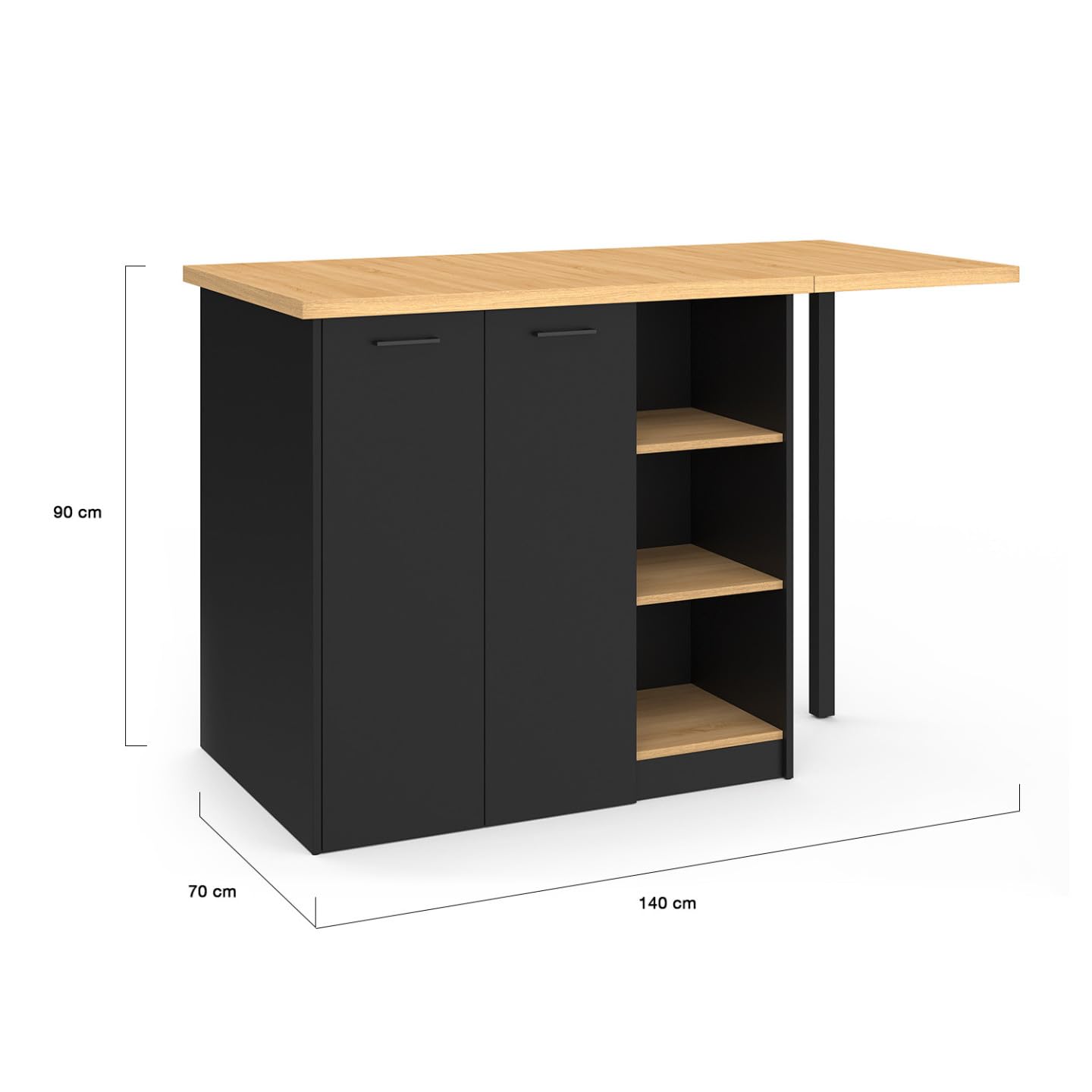 IDMarket - Ilot Central Cesar 140 cm 5 Personnes Bois Noir avec Plan de Travail façon hêtre