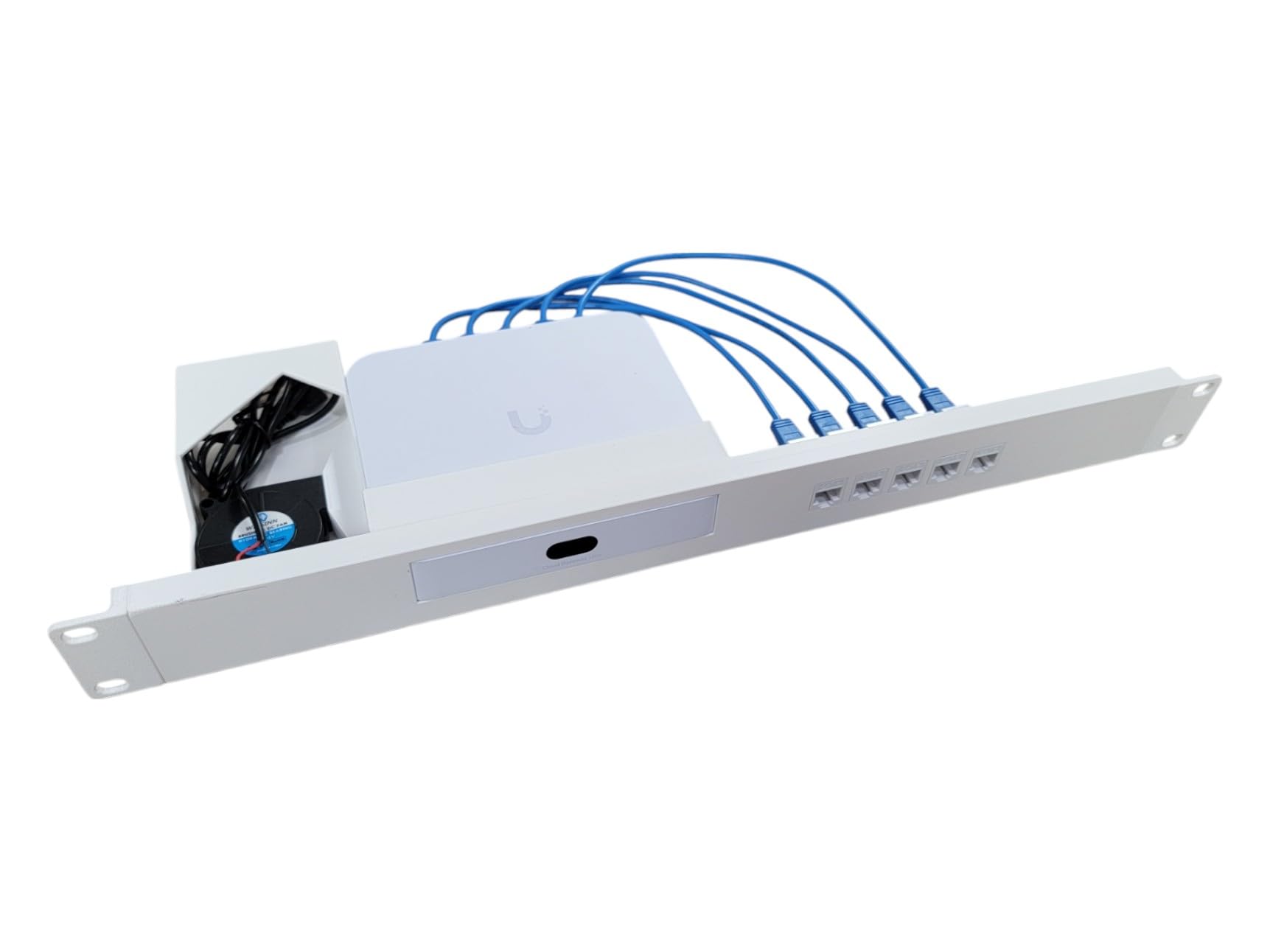 19-inch 1U Network Rack Mount for Unifi Cloud Gateway Max, Keystones, Cables & Cooling Fan Included (White)