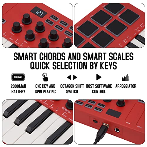 Image of M-VAVE 25 Key USB MIDI Keyboard Controller With 8 Backlit Drum Pads, Bluetooth Semi Weighted Professional dynamic keybed 8 Knobs and Music Production,Software Included (Red)