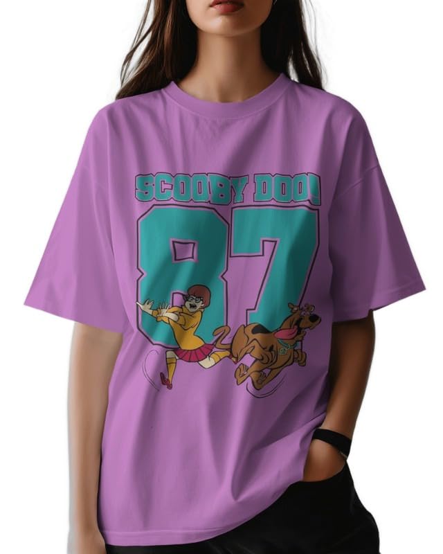 Scooby DOO| Women's Oversized Half Sleeve T-Shirt, Round Neck Longline Drop Shoulder, Cotton Blend, Solid Color(Black)-picture-41