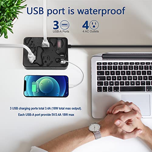 Outdoor Power Strip Weatherproof,Waterproof Surge Protector with 4 Outlets,3 USB,Shockproof Overload Protection, Multi Outlet Extension for Camping, Garden, Kitchen, Bathroom, 6ft Cord,with Flat Plug