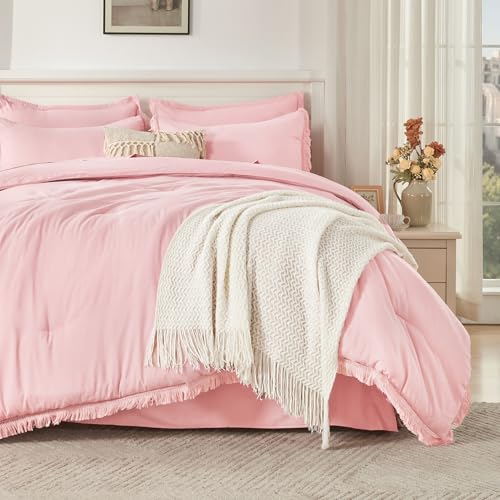 Image of Andency Full Size Comforter Set Light Pink -7 Pieces Boho Tassel Bed in a Bag Soft Lightweight Bedding Sets, Fringe All Season Bed Set with Comforter, Sheets, Pillowcases & Shams