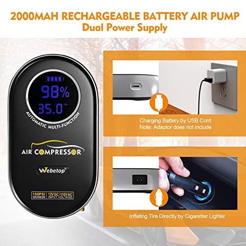 Webetop Tire Inflator Portable Air Compressor with 2000mAh Rechargeable Li-ion Battery LED Light Air Pump for Car Tires, Bicycles, Motorcycle, Balls and Other Inflatables - Thumbnail 7