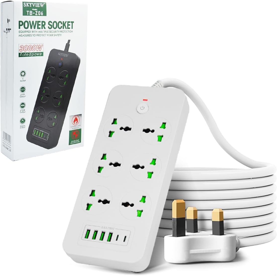 SKY VIEW Surge Protector Power Strip- Flat Plug Extension Cord With 6 Outlets And 4 USB Ports And 2 Type-C Ports,2M Power Cord(3000W/16A/110V-265V),PC Flame Retardant Material,Pure Copper Core (White)