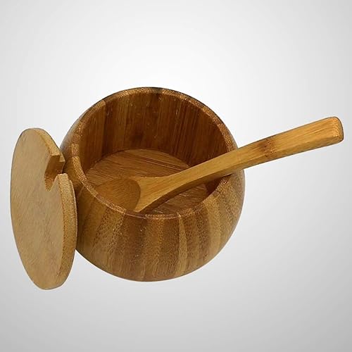 Miniatura 3 de Luxshiny Azucarero de bambú o tazón de especias con cuchara, contenedor de madera para condimentos, olla de sal de granja, plato de mantequilla,