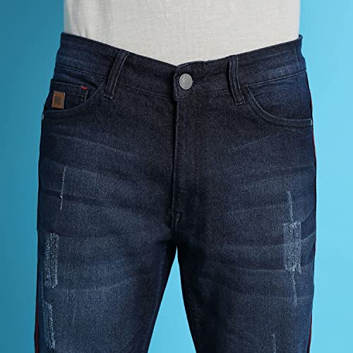 Image of CAHOOT Men's Navy Blue Tapered Dark- Wash Denim Jeans | Stretchable Cotton Mid-Rise Denim Jeans Crafted with Comfort Fit and High Performance for Everyday Wear