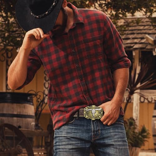 UTOWO Men Dark-Brown Casual-Belt Bronze-Buckle Western-Cowboy-Belt Country-Rodeo Skull-Longhorn Jeans-Acc for 32-40 In Waist4