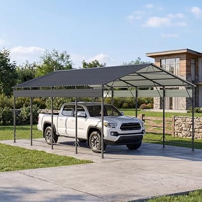 Patiowell 12x20 FT Metal Carport, Outdoor Large Heavy Duty Carport with Reinforced Frame and Vertical Roof, All-Weather Garage Car Port Shelter for Car, Truck, Boat and Tractor, Black