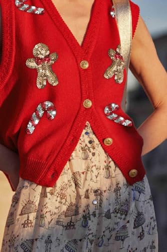 Image of Women Christmas Sweater Vests Santa Claus Print Sleeveless Knit Cardigan Vest Christmas Holiday Tank Top