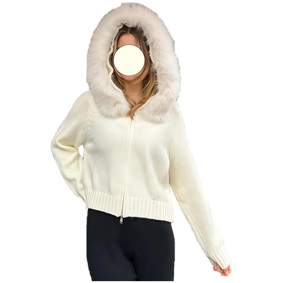 Womens Hooded Cardigan Zip Up Long Sleeve Fur Hoodie Slim Fit Faux Fur Trim Knitted Sweater with Faux