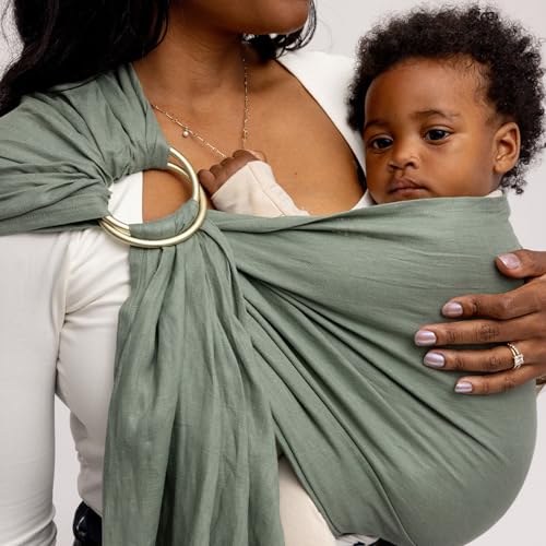 Image of WildBird - Ring Sling Baby Carrier - 0-36 Months (up to 35 lbs) - Long (90 inch) Acadian & Black Ring - Front, Hip or Back Carry - Adjustable Fit - Natural Linen - Baby Essentials - New Mom Gifts