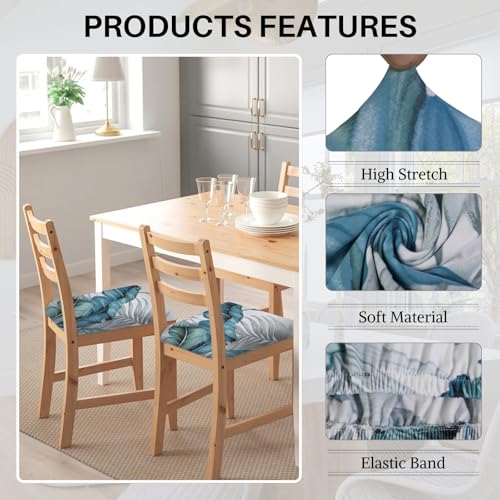 Image of SearchI Water Repellent Seat Covers for Dining Chairs, 6 Pack Jacquard Stretch Dining Room Chair Seat Covers, Kitchen Chair Seat Covers Protectors(Blue Foliage)