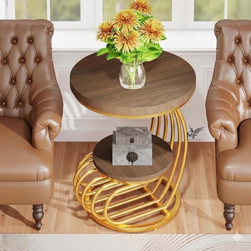 Image of MELVON End Table /Side Table with Walnut Engineered Wood Top & Golden Metal Frame, 2 Tier Storage for Living Room, Bedroom, Bedside & Balcony | Golden & Walnut