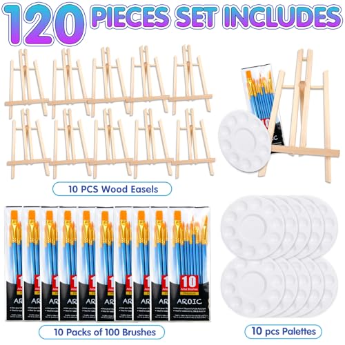Image of AROIC 120 PCS Painting Supplies Set with 10 PCS Wood Easels, 10 Packs of 100 Brushes with Nylon Brush Head and 10 PCS Palettes, Tabletop Wooden Art Easel for Adults Sip and Paint Party