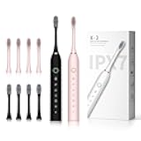 SUNPRO 2 Pack Sonic Electric Toothbrush for Adults, 6 Modes for Deep Clean, Include Smart Timer and 8 Heads (Black+Pink)