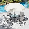 Amopatio Patio Dining Set for 4, Outdoor Table and Chairs with Umbrella, 4 Folding Dining Chairs & Glass Table for Lawn, Deck, Garden, Backyard, Deck, Patio Furniture Set, Grey