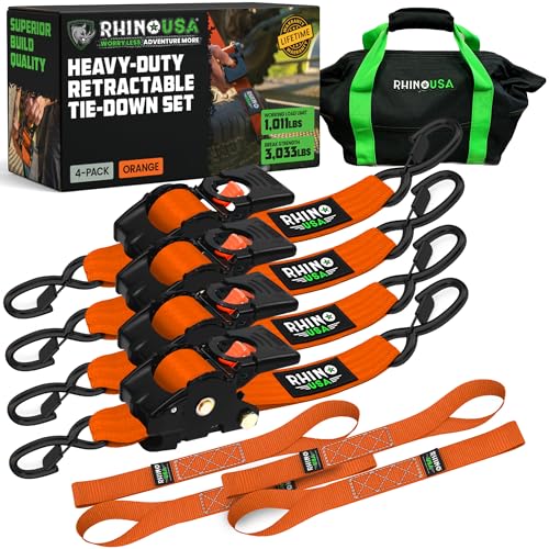 Rhino USA Retractable Ratchet Straps (4-Pack) - 2 Inch x 10 Feet (3,033lb Break Strength) - Heavy Duty Auto Self Retracting Tie Down Straps for Truck, Cargo Trailer, Motorcycle, Rad & More - Orange