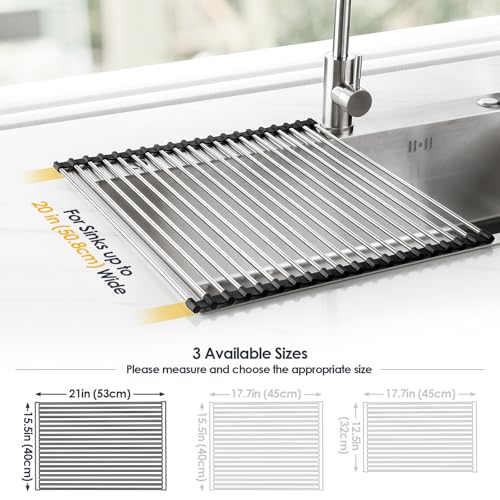 Tomorotec 21" x 15.5" Roll Up Dish Drying Rack Over Sink Drying Rack Sink Cover Kitchen Sink Accessories Gadget Multipurpose Organizer Foldable Stainless Steel Drainer - Image 4